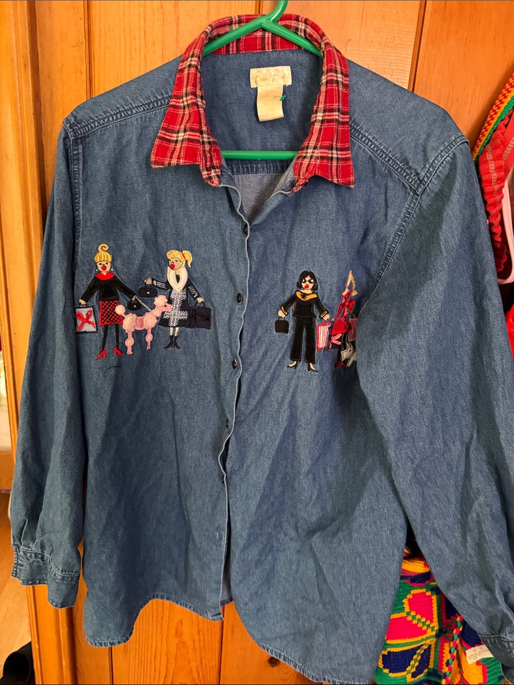 Bobbie Brooks Blue Denim Button-Down Shirt with Red Plaid Collar